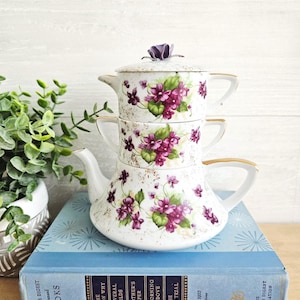 Vintage Lefton China Violets Stacking Tea Set Teapot Creamer Sugar & Lid #985