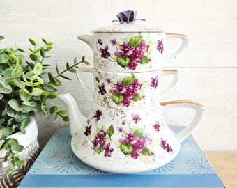 Vintage Lefton China Violets Stacking Tea Set Teapot Creamer Sugar & Lid #985