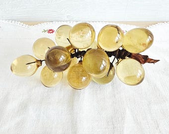 Vintage Lucite Yellow Golden Grapes Cluster On Grapevine MCM Decor Fruit Decor