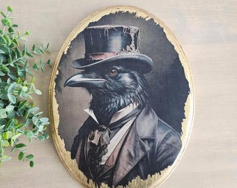 Victorian Raven Oval Plaque, Gothic Bird Art, Gold Leaf Dark Academia Decor
