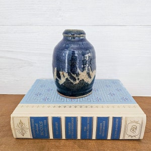 Pu&ograve; includere: Un piccolo vaso in ceramica blu e bianco con una glassa craquel&eacute;. Il vaso &egrave; appoggiato su una pila di libri.