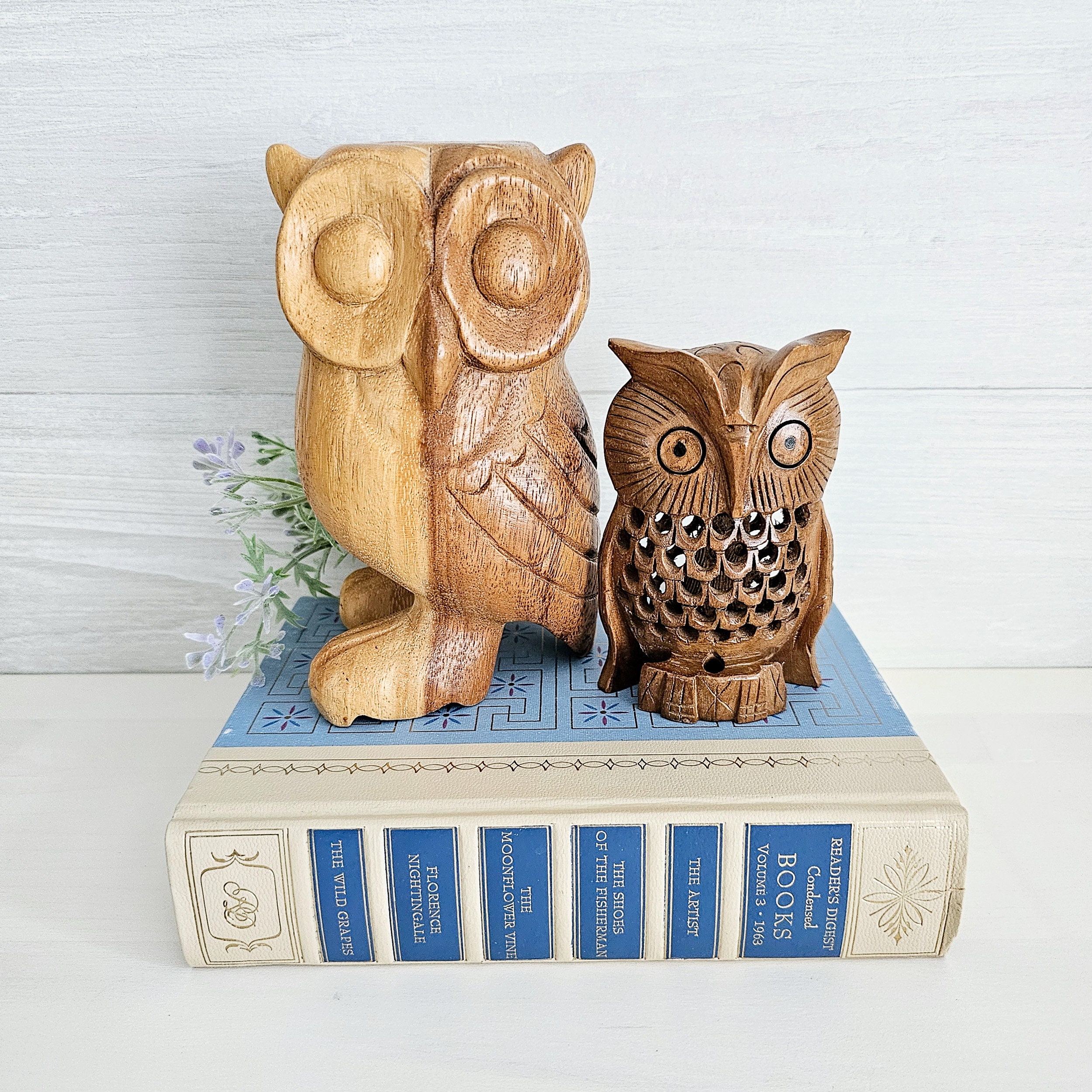 Set Of Two Carved Wooden Owls