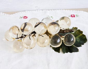 Vintage Lucite Champagne Color Grapes Cluster On Grapevine MCM Decor Fruit Decor