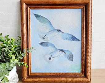 Vintage Acrylic Painting Seagulls in Flight, Nautical Decor