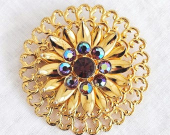 Vintage Floral Gold Tone Purple Aurora Borealis Brooch Pin