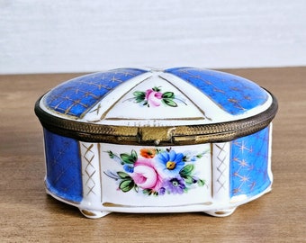 Vintage Porcelain Hand Painted Royal Blue Floral Lidded Trinket Box