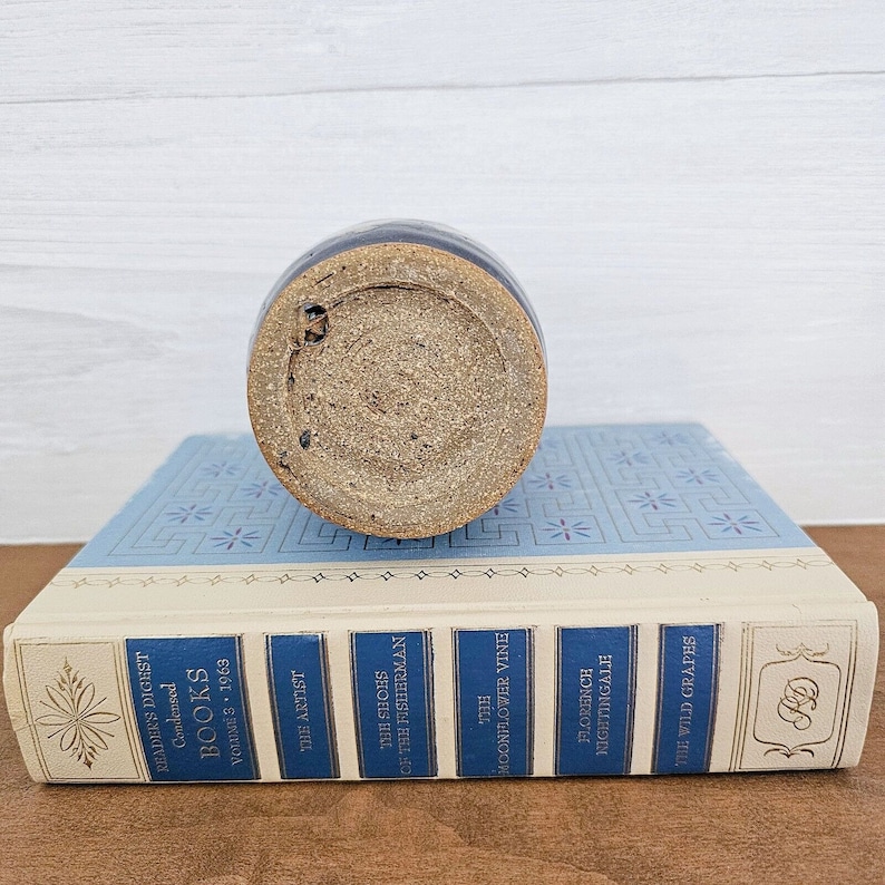 Pu&ograve; includere: Un vaso in ceramica blu e marrone con una superficie ruvida e testurizzata. Il vaso &egrave; posto sopra una pila di libri con il titolo "Reader's Digest Condensed Books" sul dorso.
