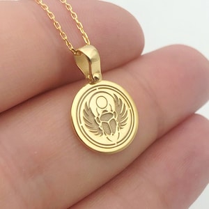 14K Solid Gold Scarab Pendant: Dainty Egyptian Beetle Necklace