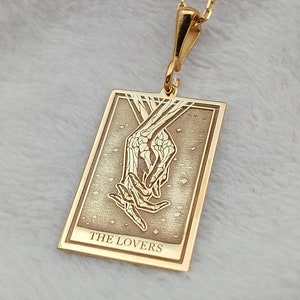 Tarot Card Necklace - 14K Solid Gold Lovers Necklace, Dainty Couple Hands Jewelry, Unique Girlfriend Gift, Statement Accessory