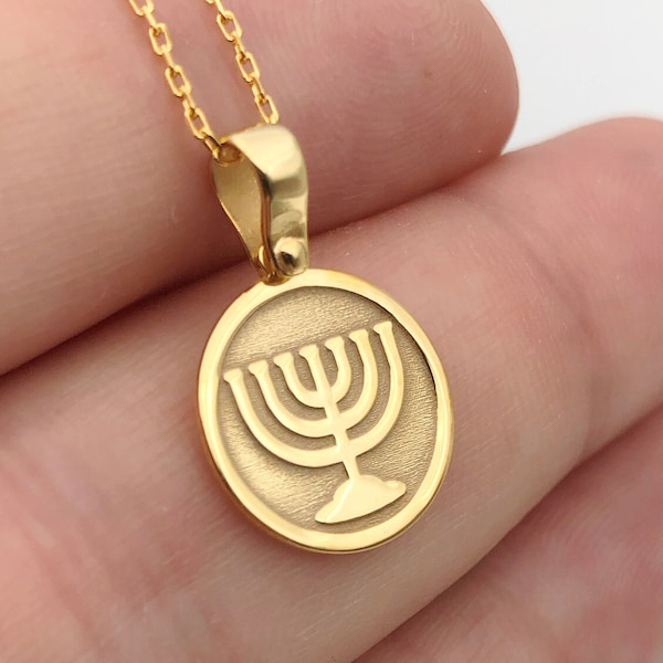 14K Solid Gold Menorah Necklace, Dainty Jewish Pendant, Minimalist Religious Necklace, Spiritual Necklace, Hanukkah Jewelry, Christmas Gift