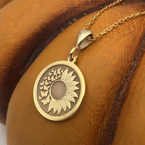 14K Solid Gold Flower & Butterfly Necklace: Engraved Floral Charm
