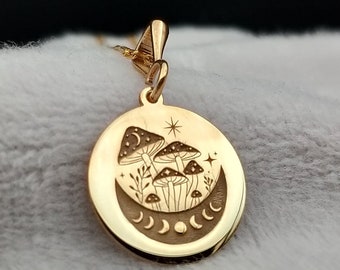 14K Gold Moon Phases Necklace, Dainty Mushrooms Necklace, Magic Mushroom Necklace, Tiny Cottagecore Necklace, Nature Jewelry, Gift for Her