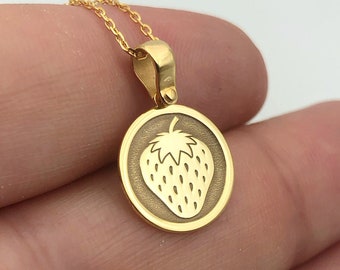 Strawberry Charm Necklace, 14K Gold Fruit Necklace, Handmade Women Necklace, Statement Jewelry, Tiny Everyday Necklace, Girlfriend Gift