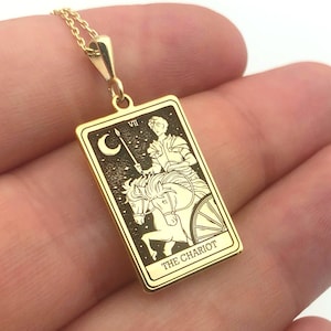 14K massief goud The Chariot-ketting, handgemaakte tarotkaartketting, gotische sieraden, unieke spirituele vrouwenketting, kerstcadeau