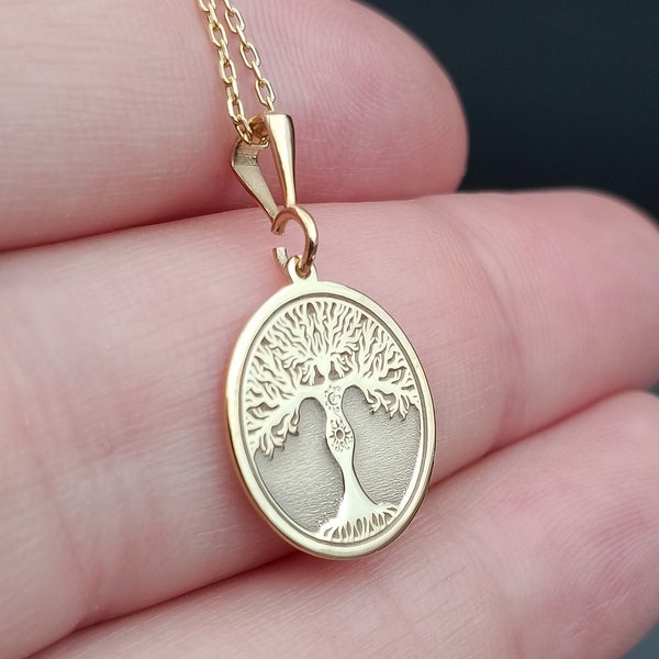14K Solid Gold Tree of Life Necklace, Dainty Woman Tree Necklace, Minimalist Family Tree Necklace, Nature Charm Necklace, Anniversary Gift