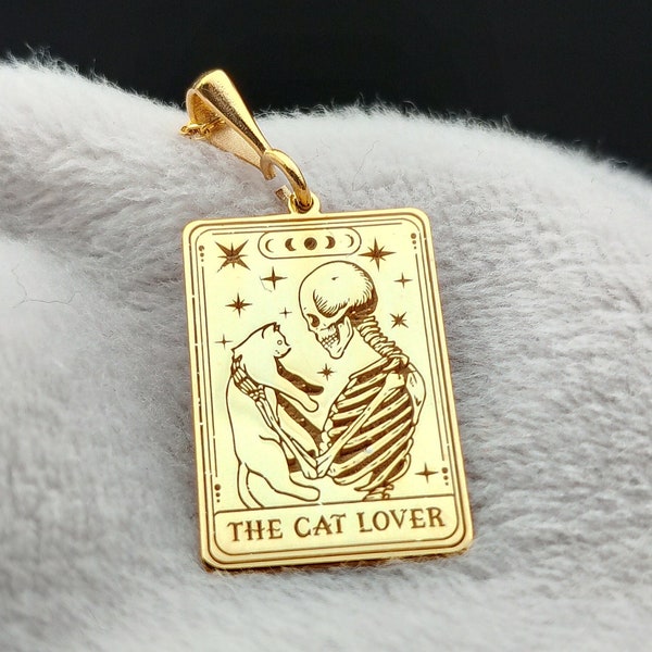 Katzenliebhaber Tarot Halskette, 14K Gold Totenkopf Tarot Karten Halskette, zierliche Skelett Gothic Halskette, 925 Silber Tier Halskette, Geschenk für Katzenbesitzer