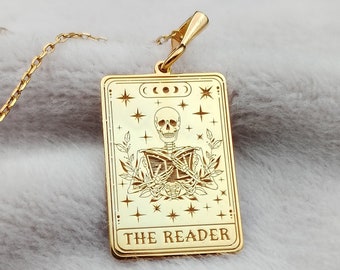 The Reader Tarot Card Necklace, 14K Gold Skeleton Necklace, Dainty Bookworm Necklace, Handmade Book Lover Necklace, Book Lover Gift