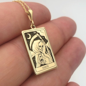 Collana con carta dei tarocchi della morte, collana gotica fatta a mano, delicata collana celeste, gioielli per tutti i giorni, collana spirituale in oro 14K, regalo unico