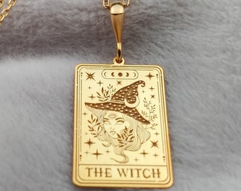 The Witch Necklace, 14K Solid Gold Tarot Card Necklace, Dainty Spiritual Necklace, Unique Celestial Necklace, Tiny Necklace, Girlfriend Gift