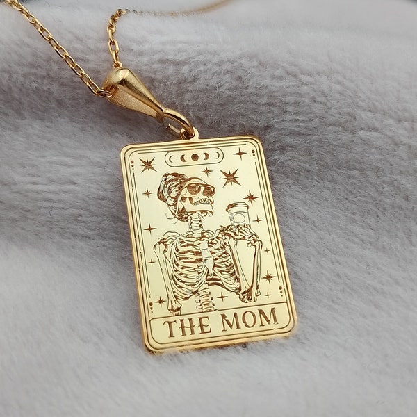 Mom Tarot Card Necklace, 14K Solid Gold Super Mom Necklace, Skeleton Engraved Women Necklace, Gothic Statement Necklace, Mothers Day Gift