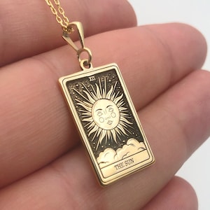The Sun Tarot Card Necklace, 14K Gold Celestial Women Necklace, Rectangle Engraved Pendant, Statement Jewelry, Spiritual Necklace, Mom Gift