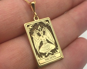14K Solid Gold The Devil Necklace, Handmade Tarot Card Necklace, Dainty Gothic Pendant, Spiritual Jewelry, Minimalist Necklace, Gift for Her