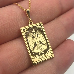 14K Solid Gold The Devil Necklace, Handmade Tarot Card Necklace, Dainty Gothic Pendant, Spiritual Jewelry, Minimalist Necklace, Gift for Her