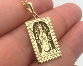 14K Massif Gold Tarot Necklace, The High Priestess Card Necklace, Handmade Rectangle Pendant, Mystic Jewelry, Spiritual Necklace, Women Gift
