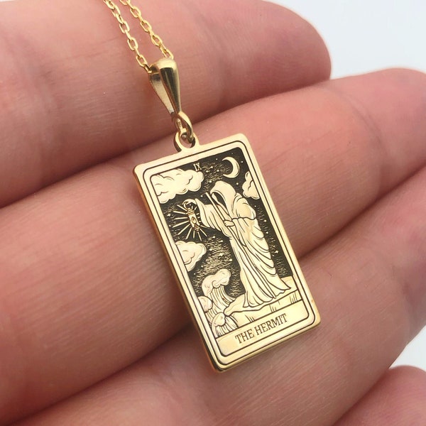 The Hermit Gold Necklace, Rectangle Tarot Card Necklace, Unique Spiritual Women Necklace, Dainty Jewelry, Celestial Necklace, Gift for Her