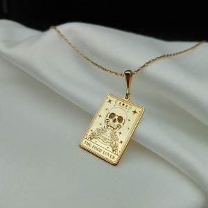 Collar de tarot para amantes de la comida en oro macizo de 14 quilates, collar de tarot en plata de ley 925, collar de calavera unisex, joyería gótica, regalo de aniversario