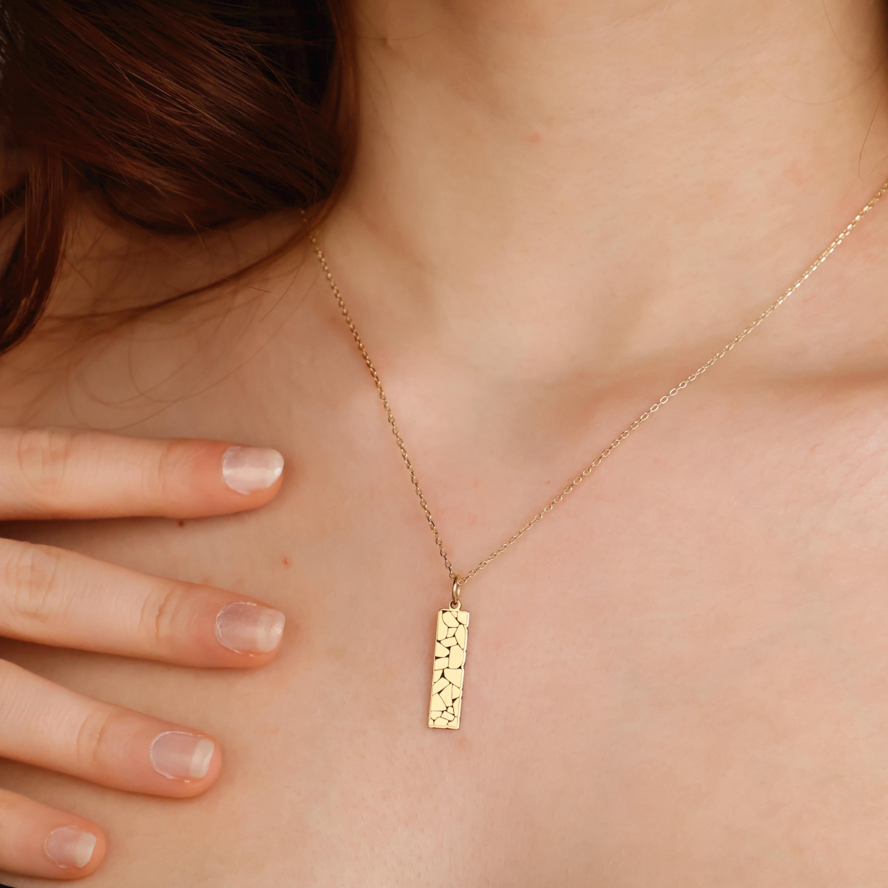 14K Gold Mosaic Bar Necklace, Abstract Geometric Pendant, Broken Tile Necklace, Contemporary Jewelry, Boho Chic Necklace, Gift for Women