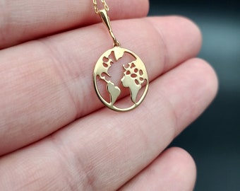 14K Solid Gold World Map Necklace, Dainty World Necklace, Minimalist Women Necklace, Delicate Everyday Necklace, Tiny Pendant, Gift for Her
