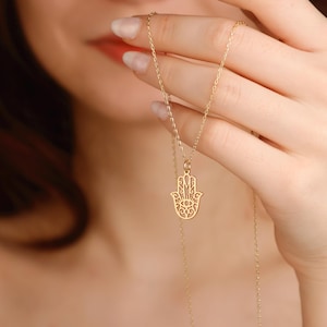 14K Gold Hand of Fatima Necklace, Hamsa Necklace, Protection Amulet Jewelry, Spiritual Evil Eye Necklace, Boho Good Luck Charm, Gift for Her