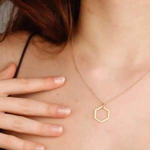 14K Gold Hexagon Necklace, Handmade Geometric Necklace, Minimalist Hexagon Jewelry, Symbolic Necklace, Hexagon Charm Pendant
