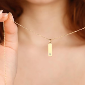 14K Gold Custom Initial Bar Necklace: Personalized Monogram Jewelry