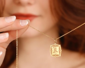 Collar con iniciales personalizadas en inglés antiguo de oro de 14 quilates, collar con monograma, collar con letras vintage, joyería personalizada, colgante con letras para niños