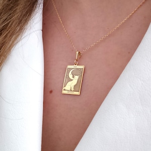 14K gouden ketting met de maan, sierlijke tarotkaartketting, handgemaakte kat gegraveerde bedelketting, statementketting, Valentijnsdagcadeau