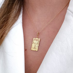 The Lovers tarotkaartketting, 14K massief gouden schedelsketting, handgemaakte statementketting, sierlijke bedelketting, Valentijnsdagcadeau