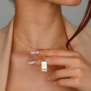 Pentakel aas tarotkaart ketting, 14K massief gouden tarotketting, handgemaakte spirituele ketting, kleine rechthoek ketting, cadeau voor vrouwen