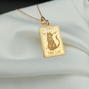 Collar de carta del tarot de gato, collar de oro de 14 quilates para amantes de los gatos, collar unisex con animales, collar delicado para uso diario, regalo para amantes de los gatos, regalo para el día de la madre