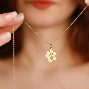 14K Gold Halskette Pfotenabdruck: Herz Ausschnitt Haustierschmuck