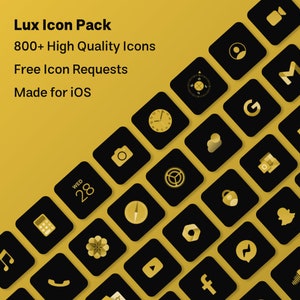 Pode incluir: Uma coleção de ícones de aplicativos pretos e dourados para dispositivos iOS. Os ícones incluem uma câmera, um relógio, uma bússola, uma nuvem, um cadeado, um calendário, um telefone, uma nota musical, uma flor, um botão de reprodução, um logotipo do Facebook, um logotipo do Messenger, um logotipo do Snapchat, um logotipo do Google, um logotipo do Gmail, um logotipo do Twitter e um logotipo do Instagram.