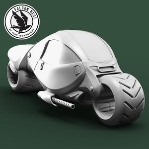 May include: A futuristic, white motorcycle with large, rounded tires and a streamlined body. The design includes a canopy and a side-mounted cylindrical element. The image also features a circular logo with a bird and the text "FALCON NEST BY 3DAP TECHNOLOGY."
