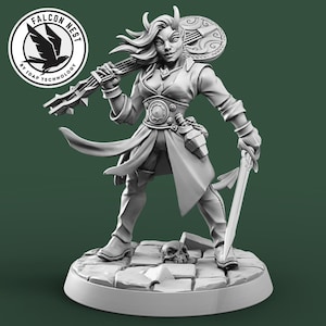 Puede incluir: Una figura gris impresa en 3D de un personaje femenino, sosteniendo un laúd y una espada. La figura está sobre una base de piedra con una calavera. El logotipo de Falcon Nest está en la esquina superior izquierda.