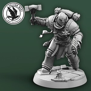 May include: A grey figurine of a futuristic warrior in armour, holding a hammer. The figure is on a circular base with a stone-like texture. The Falcon Nest logo is in the upper left corner.