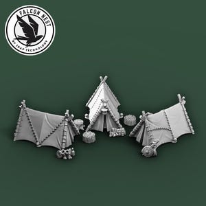 May include: Miniature gray tents and accessories set against a green background. The set includes three tents of varying designs, along with small, round objects. A circular logo with a bird is in the upper left corner.