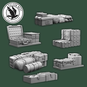 May include: A collection of gray, 3D-printed terrain pieces for tabletop gaming. Includes crates, containers, and other modular elements. The Falcon Nest logo is in the upper left corner.