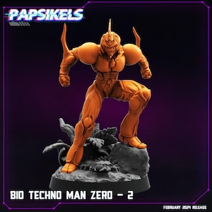 May include: An orange Bio Techno Man Zero - 2 figurine, posed on a gray base with a dark purple background. The figurine has a detailed, armored design and is labeled "February 2024 Release". The logo "Papsikels" is at the top.