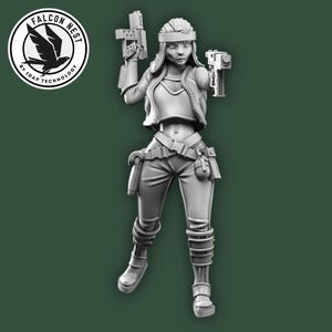 Puede incluir: Figura gris de un personaje femenino que sostiene dos pistolas futuristas. Lleva un top corto, pantalones y botas. La figura tiene una diadema y un cinturón de herramientas. El logotipo de Falcon Nest está en la esquina superior izquierda.