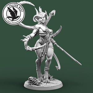 May include: A detailed grayscale figurine of a female demon with horns, wings, and a sword. The figure is on a round base with skulls. The Falcon Nest logo is in the upper left corner.